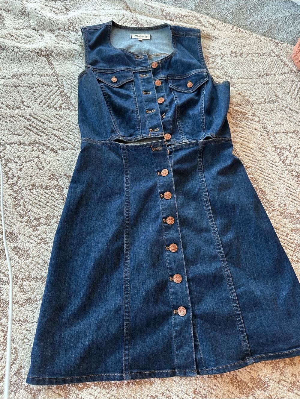Madewell Denim Cutout Mini Dress Stretch Button Front Dark Wash Dress